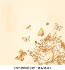 Beige Vintage vector background with a bouquet of flowers and butterflies. Illustration.