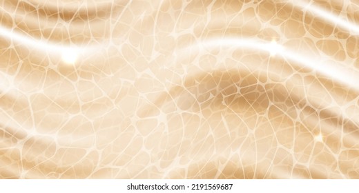 Beige water surface top view seamless pattern with sunlight glare reflections, shadows, caustic ripples and waves. Clear water texture. Bright vector summer time background.