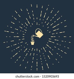Beige Watering can sprays water drops above flower in pot icon isolated on dark blue background. Irrigation symbol. Abstract circle random dots. Vector Illustration