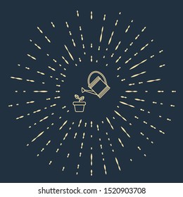 Beige Watering can sprays water drops above plant in pot icon isolated on dark blue background. Irrigation symbol. Abstract circle random dots. Vector Illustration