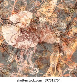 Beige wavy lines and stylized feathers and leaves are mixed randomly on a gray background. Abstract seamless vector pattern. Easy editable. For Boho design.