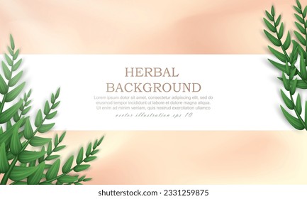 Beige web banner with realistic twigs with green leaves in the corner. Poster, herbal background with olive tree branches. Wallpaper with herbs, foliage and text. 