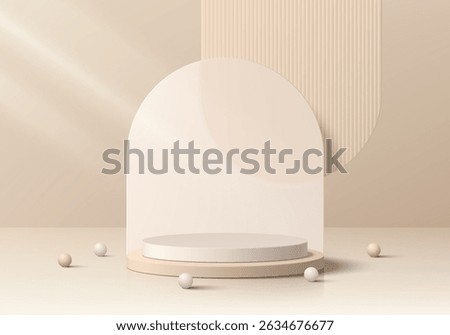 Beige, white 3D cylindrical podium background with overlap arch backdrop scene, Beads ball. Minimalist mockup pedestal, Abstract product display presentation, Stage showcase. Platforms vector design.