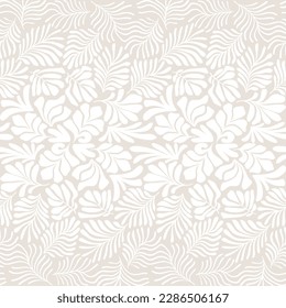 Fondo abstracto beige blanco con hojas de palma tropicales al estilo matisse. Patrón de vectores sin fisuras con elementos de corte escandinavos.