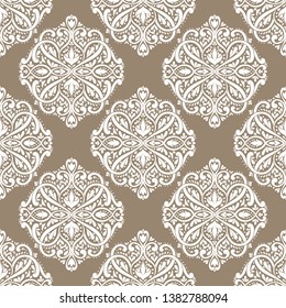 Beige and white damask seamless pattern. Vintage vector background template, luxury elements. Great for fabric, invitation, wallpaper, decoration, packaging or any desired idea.