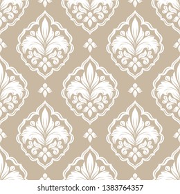 Beige and white damask seamless pattern. Vintage vector background template, luxury elements. Great for fabric, invitation, wallpaper, decoration, packaging or any desired idea.