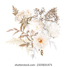 Beige, flores blancas, peonía de color crudo, dahlia, flor de hidraangea, pasto pampas, helecho forestal seco, plantas otoñales y ramo de diseño vectorial de hojas. Nudo y marfil. Los elementos están aislados y se pueden editar