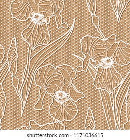 Beige white irises flowers lace design background, ornamental band Abstract Lace Ribbon Seamless Pattern. Template frame Lace Doily. Floral background border vector illustration