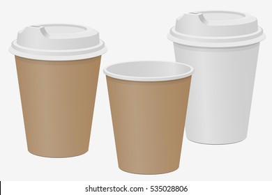 Beige and white paper cups mockup for hot drinks. Coffee Tea. Vector illustration