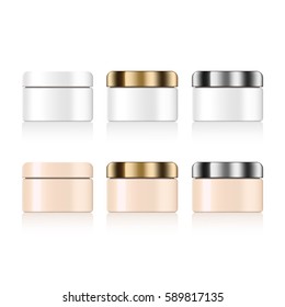 beige and white vector cream jar with silver metal cup, container for cosmetic products on abstract background for ad. Realistic 3d mockup, cosmetic template in vector. original design