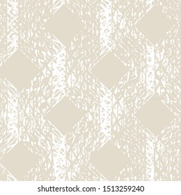 Beige and White Vector seamless check pattern. Allover pattern. Ink grunge grid. Hand drawn seamless check pattern. Graphic background with ethnic tartan. Seamless check pattern background.