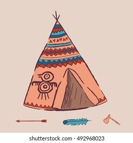 Beige wigwam.  Hand drawn illustrations wigwam with decorative elements and a set of arrows, feather and tomahawk. Authentic tepee for design card. North American Indian wigwam