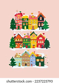 Beige Winter Houses Poster. Vector Illustration of Seasonal Greetings. Holiday Celebration.