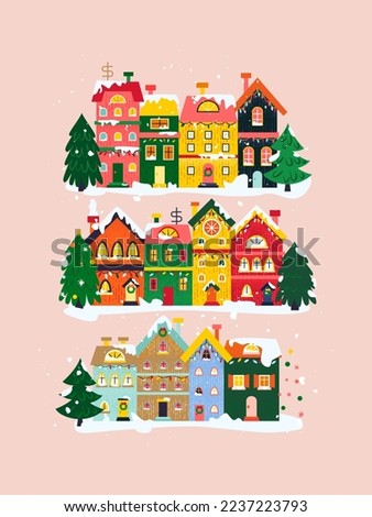 Beige Winter Houses Poster. Vector Illustration of Seasonal Greetings. Holiday Celebration.