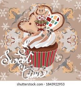 Tarjeta de patrón de invierno beige con muffins festivos decorados con corazones y la inscripción 'Hora dulce'