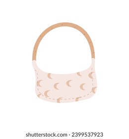 Beige women's bag with moons print, fashion bag. Hand and shoulder bag model in modern style. Woman accessories leather handbags, textile totes, grocery mesh. Flat vector illustrations 
