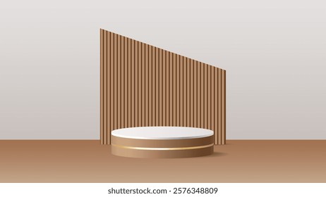 Beige and Wood Stage Pedestal Podium with Trapezoid Background for Product Mockups, Banners, and Displays. Vector.