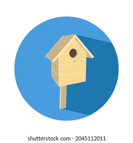 Beige wooden birdhouse flat vector isolated icon on blue background
