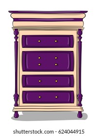 Beige wooden chest of drawers with violet carved details on a white background eps 10 illustration