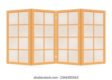 Beige wooden folding screen with frosted glass or paper to divide the room, as a decor. Four-fold paravan in asian style