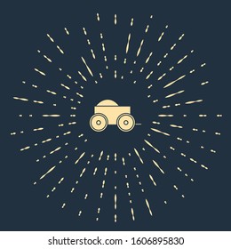 Beige Wooden four-wheel cart with hay icon isolated on blue background. Abstract circle random dots. Vector Illustration