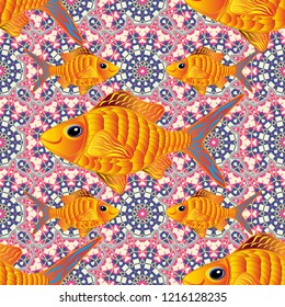 Beige, yellow and blue tropical sea, wave, fishes, seamless fashion pattern. Fashionable clothes, t-shirt design. Vector seamless embroidery sea life, sea shells, tropical fishes pattern.