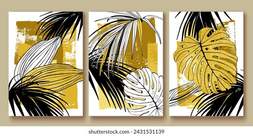 Beige, yellow, golden exotic backgrounds with hand drawn palm, monstera leaves. Gift cards, wedding, branding, cover template. Tropic natural design. Wall art triptych composition.