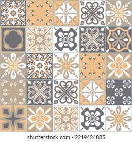 Beige yellow gray pastel ceramic tiles for wall decoration, stylish vintage pattern, vector illustration in traditional spanish portuguese style for design