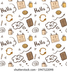 Beige and yellow morning office concept. Vector doodle seamless pattern with planner, meeting. Office business concept. Hand drawn monochrome illustration for notebook cover, wallpaper, fabric. EPS10