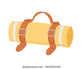Beige yoga mat with brown straps vector illustration. Cartoon rolled fitness mat with carrying strap for exercise.