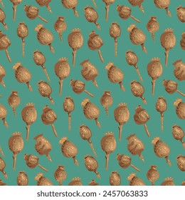 Beige-brown Dry Poppy pods with seeds on a turquoise retro background. Floral pattern from dried flowers. Vector background for packaging, textile, clothing, fabric, wrapping paper, decoration