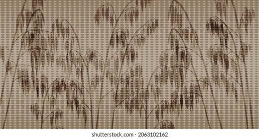 Fondo horizontal beige-marrón con ovales que disminuyen hacia el medio y siluetas de hierbas o plantas. Diseño spot creativo de fondo, fondo de pantalla web, etc. Ilustración vectorial.