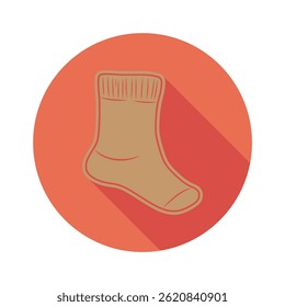 A beige-colored sock is centered on coral circle with long shadow, over white. Simple, flat design with bold outlines.