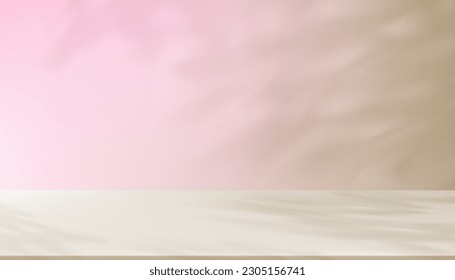 Beige,Pink 3d Studio background display with shadow leaves overlay on cement wall room,Horizon scene soft light of branches leaf,Concept for Cosmetic product presentation,Sale,Online shop, Promotion 