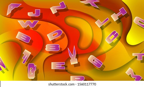 beige-purple letters with a white stroke on a background of overlapping yellow-red abstract shapes with smooth wavy edges. Abstract wallpaper with 3D effect. vector