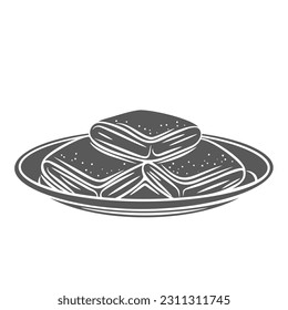 Beignet cakes on plate glyph icon vector illustration. Stamp of fresh and hot deep fried flour dough pieces, beignets with filling and sugar powder, traditional American, French and Italian dessert