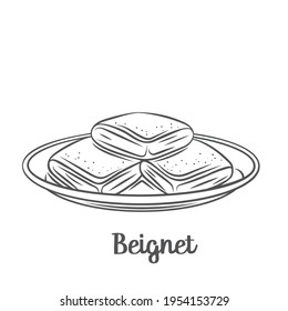 Beignet Donuts With Powdered Sugar. Drawn Homemade New Orleans Traditional Donuts On The Plate Outline Vector Illustration.