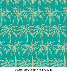 Beigr outline palm trees on the green mint background. Vector seamless pattern. Tropical illustration. Jungle foliage.