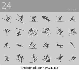 Beijing 2022 olympic vector set of 24 winter sport icons. Silhouette sport signs. Indoor, outdoor activities, single, team sport included. Graphic illustration clip art for design, mobile, web, print