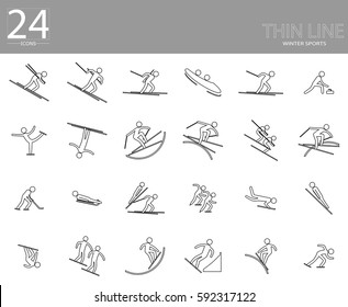 Beijing 2022 olympic vector set of 24 winter sport icons. Thin line sport signs. Indoor, outdoor activities, single, team sport included. Graphic illustration clip art for design, mobile, web, print