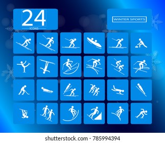 Beijing 2022 olympic vector set of 24 winter sport icons. Silhouette sport sign collection. Indoor and outdoor activities, single, team sport included. Graphic clip art for design, mobile, web, print