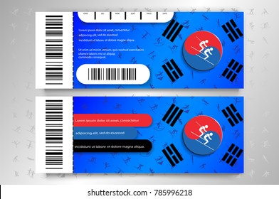 Beijing 2022 olympic vector set of sport flyers editable template for web, print, design. Freestyle Skiing Ski Cross winter sports event tickets mock-up. South Korea flag icon sign. 2022 winter games