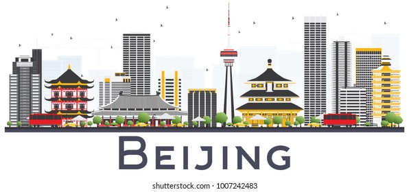 Beijing China City Skyline with Gray Buildings Isolated on White Background. Vector Illustration. Business Travel and Tourism Concept with Modern Buildings. Beijing Cityscape with Landmarks.