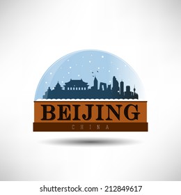 Beijing, China, city skyline silhouette in snow globe. Vector design.