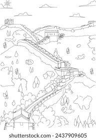 Beijing, China - Great Wall of China line art drawing for kids and adults coloring book