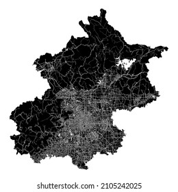 Beijing, China, high resolution vector map with city boundaries, and editable paths. The city map was drawn with white areas and lines for main roads, side roads and watercourses on a black
