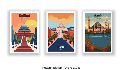 Beijing, China. Istanbul, Turkey. Rome, Italy. Vintrage travel poster. Wall Art and Print Set for Hikers, Campers, and Stylish Living Room Decor.