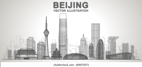 Beijing (China) Skyline With Panorama In White Background. Vector Line Illustration. Business Travel And Tourism Concept With Modern Buildings. Image For Banner Or Web Site.