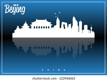 Beijing, China, skyline silhouette vector design on parliament blue and black background.