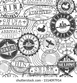 Beijing China Stamps. City Stamp Vector Art. Postal Passport Travel. Design Set Pattern.